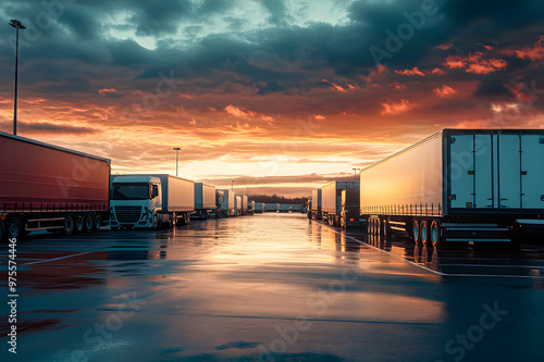 
Photo Cargo trailer trucks ready on parking lot  morning. Logistics and goods transport concept photo