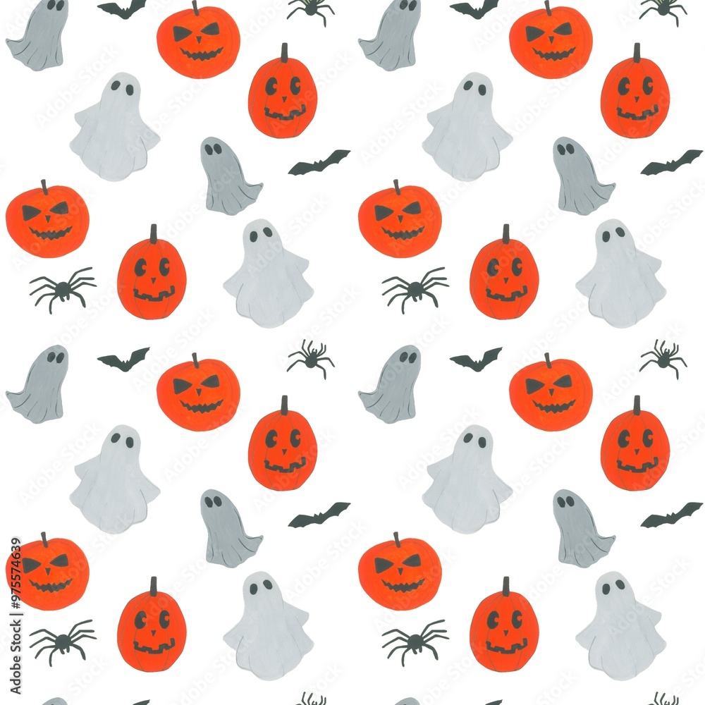 Naklejka premium Hand-drawn seamless Halloween pattern featuring spooky elements like pumpkins, ghosts, bats, and witch hats. Perfect for seasonal designs, textiles, wrapping paper, party decorations, or digital backg