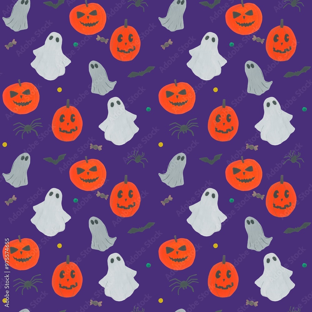 Hand-drawn seamless Halloween pattern featuring spooky elements like pumpkins, ghosts, bats, and witch hats. Perfect for seasonal designs, textiles, wrapping paper, party decorations, or digital backg Hand-drawn seamless Halloween pattern featuring spooky elements like pumpkins, ghosts, bats, and witch hats. Perfect for seasonal designs, textiles, wrapping paper, party decorations, or digital backg