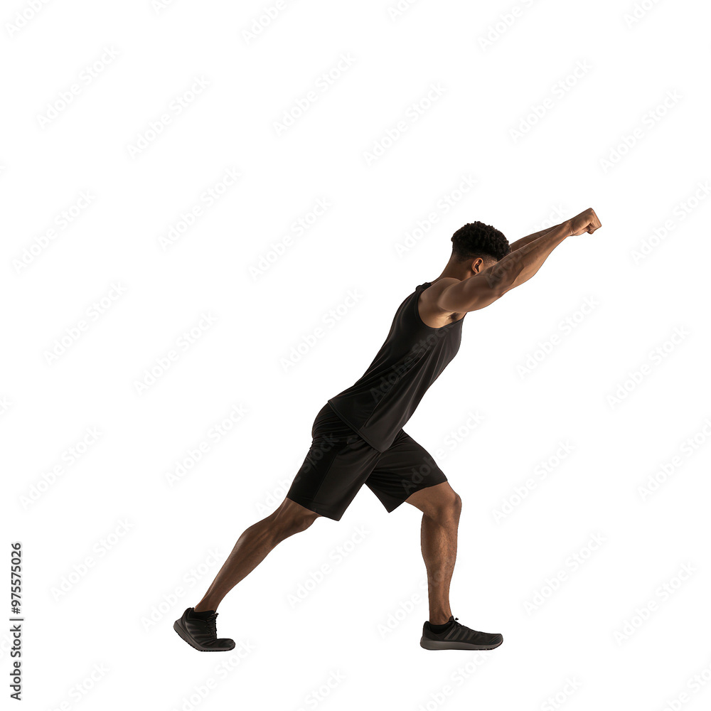 A focused athlete performing a dynamic warm-up stretch, showcasing strength and flexibility during training. transparent background A focused athlete performing a dynamic warm-up stretch, showcasing strength and flexibility during training. transparent background