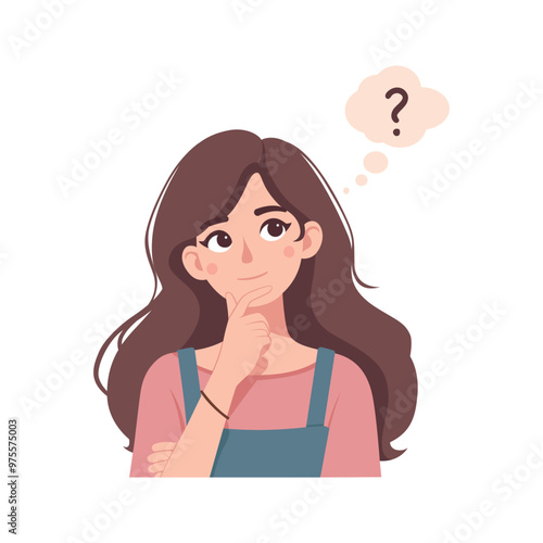 Thinking Girl Cartoon Character in Flat Vector Style