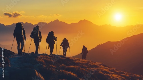 Silhouettes of Hikers at Sunset