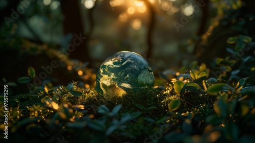 A delicate glass globe of Earth rests on green moss. Sunlight filters through trees, creating a serene and magical atmosphere.