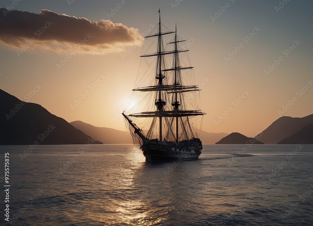 A beautiful sailboat is gently floating on the calm water during sunset A beautiful sailboat is gently floating on the calm water during sunset