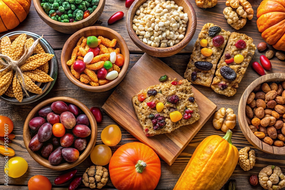 A colorful arrangement of healthy treats such as dried fruit, granola bars, and trail mix, offering a sweet A colorful arrangement of healthy treats such as dried fruit, granola bars, and trail mix, offering a sweet
