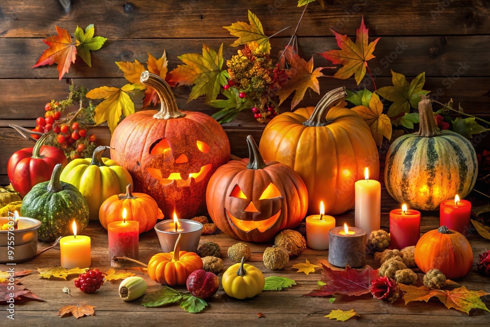A colorful arrangement of painted and carved pumpkins, gourds, and autumn leaves on a wooden table, surrounded by A colorful arrangement of painted and carved pumpkins, gourds, and autumn leaves on a wooden table, surrounded by