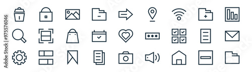 27 set of outline essential icons such as minus, lock, gallery, add folder, calendar, email, camera, folder vector thin line icons for web design, mobile app.