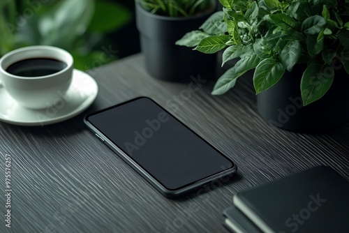 Minimalist Workspace: A sleek black smartphone with a blank screen rests on a modern wooden desk, surrounded by a cup of coffee, potted plants, and closed notebooks. The image evokes a sense of calm 