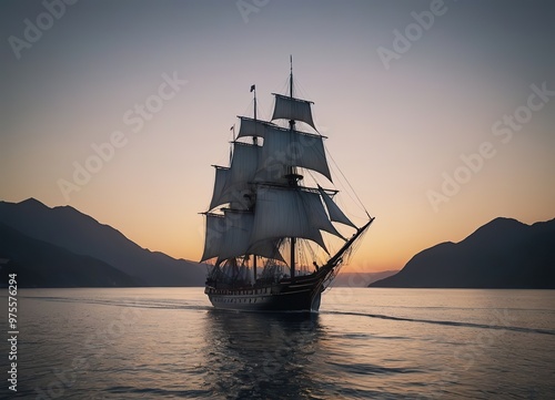 A beautiful sailboat is gently floating on the calm water during sunset