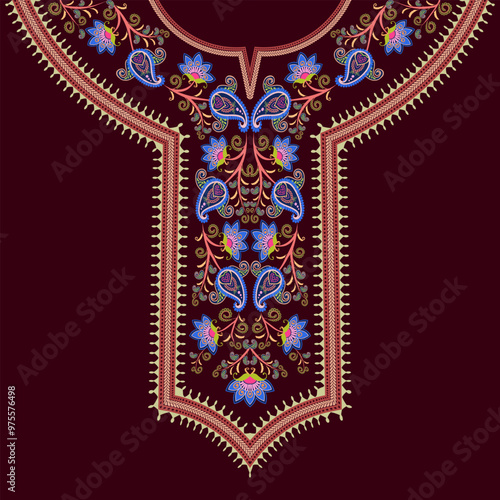 Embroidery neck design with floral paisley patterns and vine scroll motifs on a dark red background. Colorful neckline pattern suited for women's split neck dress, kurta, kaftan, and dashiki shirts.
