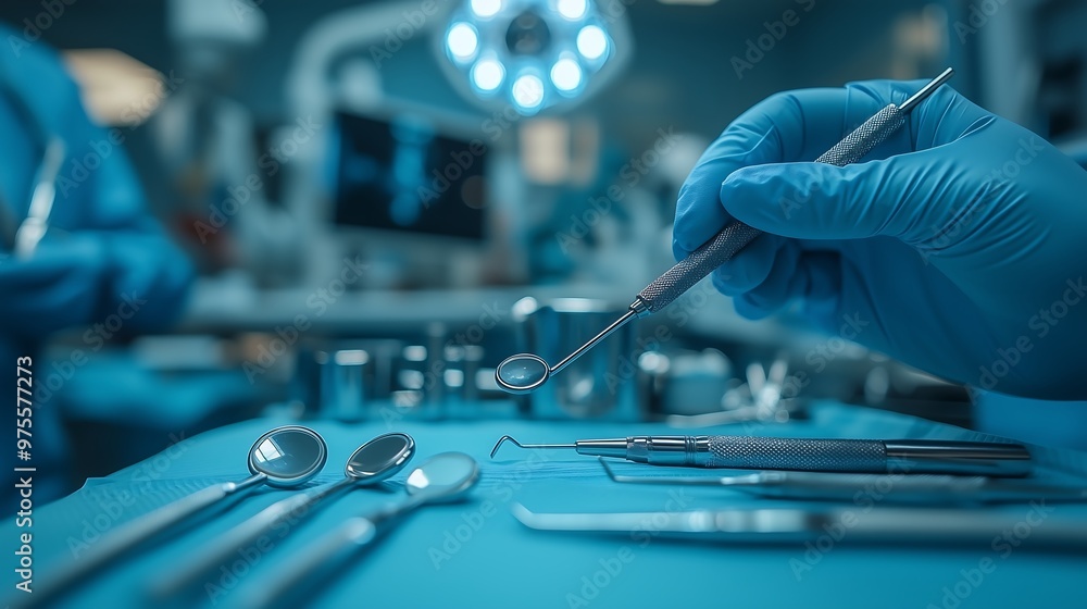Naklejka premium Close-Up View of Dental Tools Arranged for Precision and Care in a Modern Dental Clinic 近代的な歯科医院で精密さと注意をもって配置された歯科用器具のクローズアップ.Generative AI