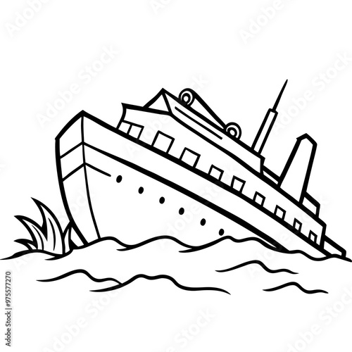 wrecked ship outline coloring book page line art drawing