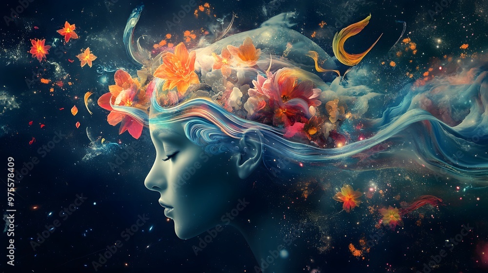 A surreal image of a human head with abstract shapes like flowers, stars, and waves bursting out, representing the creative mind A surreal image of a human head with abstract shapes like flowers, stars, and waves bursting out, representing the creative mind