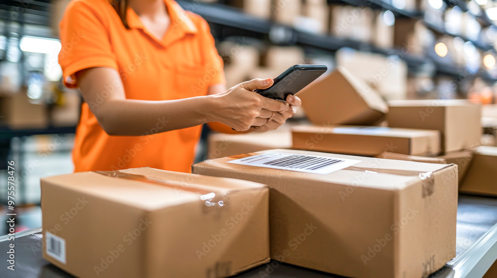 Warehouse Worker Scanning Packages: A close-up of a warehouse worker's hands scanning a package with a smartphone. The image captures the efficiency, Warehouse Worker Scanning Packages: A close-up of a warehouse worker's hands scanning a package with a smartphone. The image captures the efficiency,