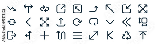 27 set of outline arrows icons such as recycle, split, repeat, minimize, upload, rectangle, menu, page up vector thin line icons for web design, mobile app.