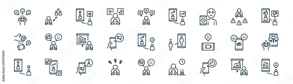 27 set of outline impact of social media icons such as productivity, social, inspiration, accident, cyberbullying, distraction, depression, expectation vector thin line icons for web design, mobile 27 set of outline impact of social media icons such as productivity, social, inspiration, accident, cyberbullying, distraction, depression, expectation vector thin line icons for web design, mobile