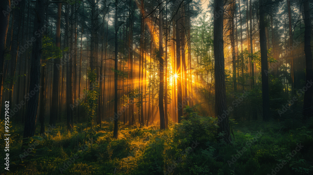 Naklejka premium Sunlight streaming through tall trees in a peaceful forest at dawn
