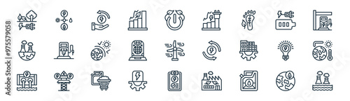 27 set of outline renewable energy icons such as enviroment, energy sources, energy saving, charging battery, air heater, warming, policy, geothermal vector thin line icons for web design, mobile