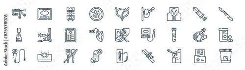 27 set of outline biopsies icons such as medical results, sonographer, sonographer, aspiration, heart, pills, wound, sample vector thin line icons for web design, mobile app.