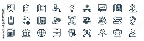 27 set of outline corporate icons such as bag, checklist, landline, telephone, management, user, licence, manager vector thin line icons for web design, mobile app.