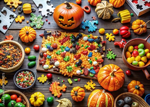 A colorful Halloween-themed puzzle sprawled across a table, surrounded by candy, decorations, and a few scattered