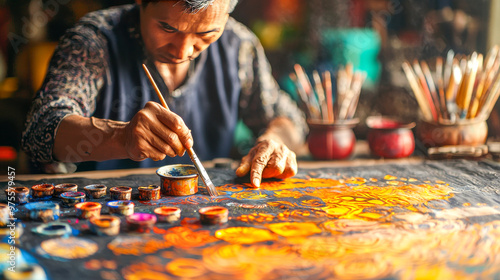 Master of the Canvas: An elderly Asian artisan meticulously brings a vibrant Buddhist artwork to life, his weathered hands wielding a paintbrush with practiced precision.  photo