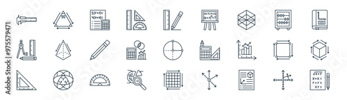 27 set of outline geometry icons such as graph, vertex, calculator, abacus, mathematics, cube, grid, exam vector thin line icons for web design, mobile app.