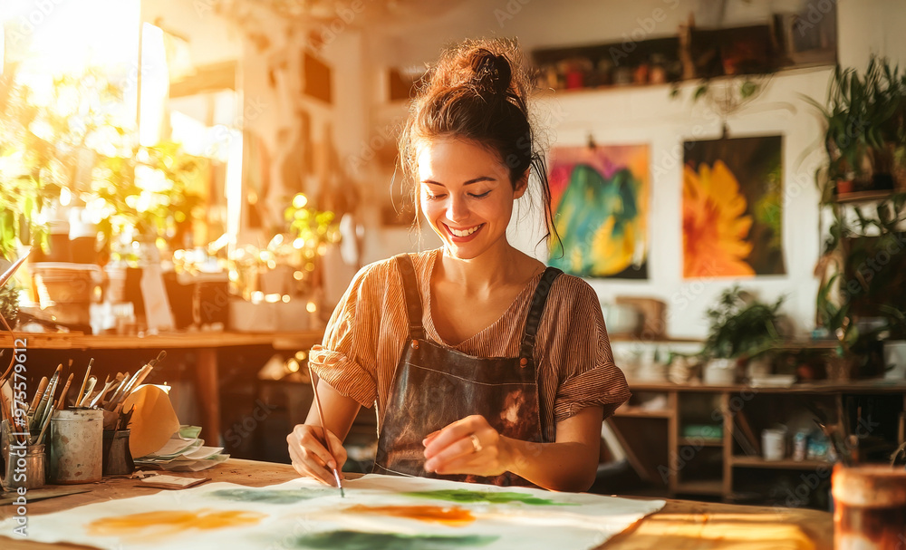 Artist's Joy: A young, talented artist, surrounded by her vibrant creations, paints with passion and focus. Sunlight streams through the studio windows, illuminating her joyful expression. Artist's Joy: A young, talented artist, surrounded by her vibrant creations, paints with passion and focus. Sunlight streams through the studio windows, illuminating her joyful expression.