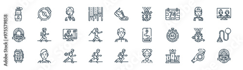 27 set of outline track and field icons such as whistle, discus, judge, coach, javelin throw, hammer throw, runner, track and field vector thin line icons for web design, mobile app.
