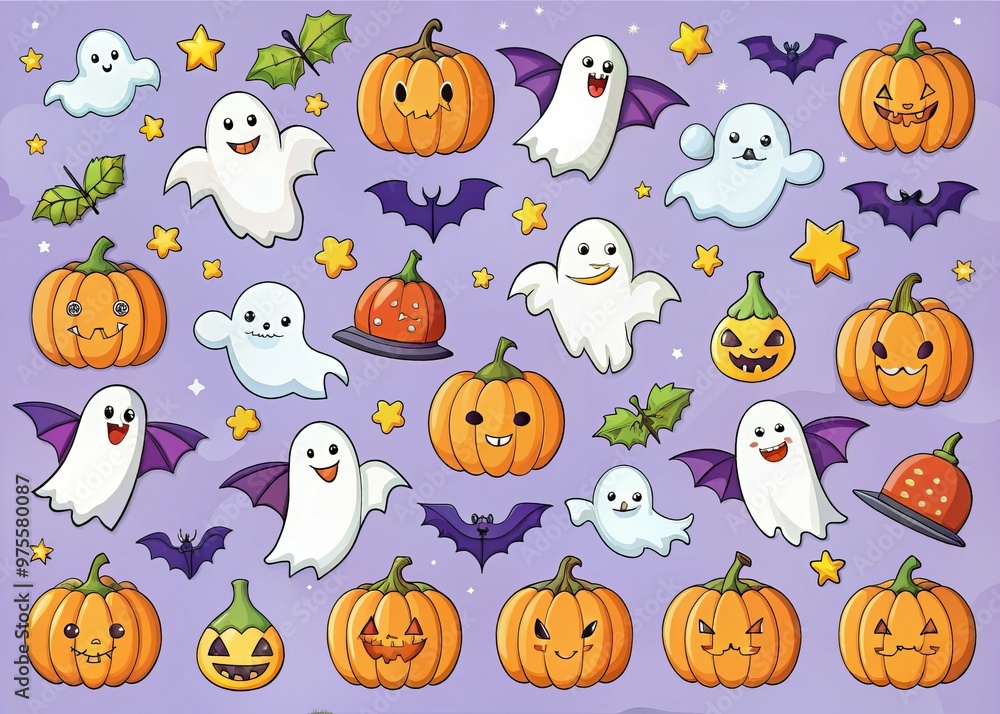 Naklejka premium A colorful worksheet featuring friendly ghosts, bats, and pumpkins, surrounded by playful math problems and