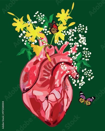 Illustration cœur humain réaliste fleurs papillons bien être santé rouge vert sentiments vecteur