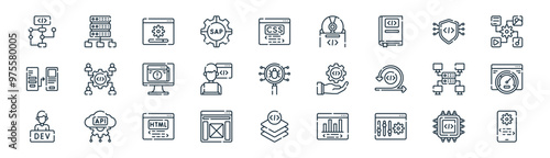 27 set of outline software development icons such as cpu, database, maintenance, security, programmer, optimization, layer, app development vector thin line icons for web design, mobile app.