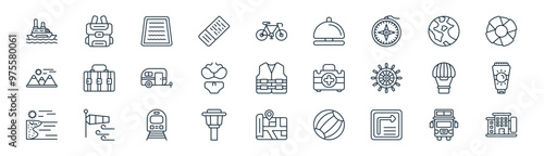 27 set of outline travel icons such as double decker bus, backpack, swimming pool, world, swimsuit, sun cream, destination, hotel vector thin line icons for web design, mobile app.
