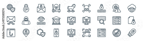 27 set of outline online security icons such as hacking, confidential email, unsecure, stalking, banking, data protection, cyber security, data protection vector thin line icons for web design,