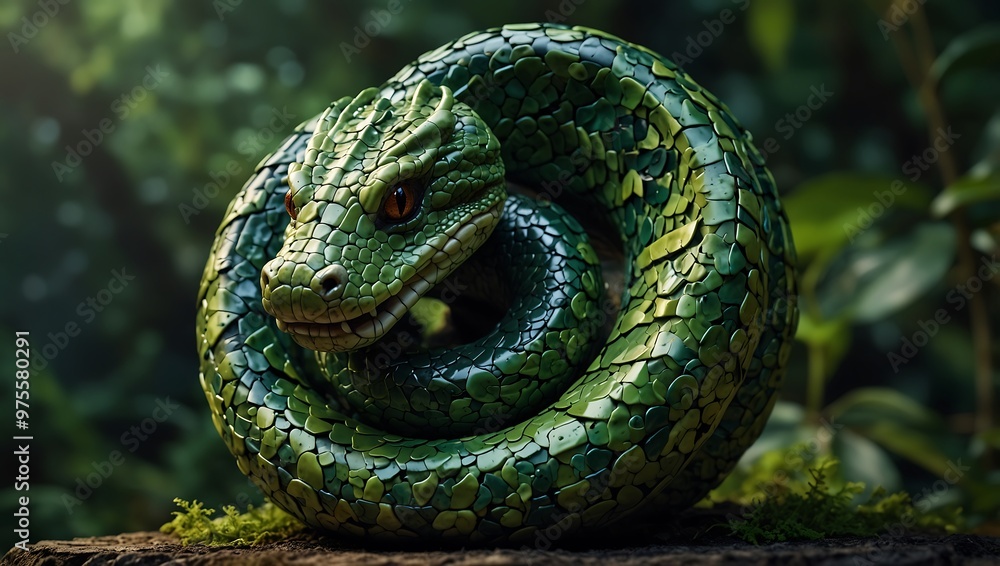 Fototapeta premium A curled green snake rendered in a detailed textured style