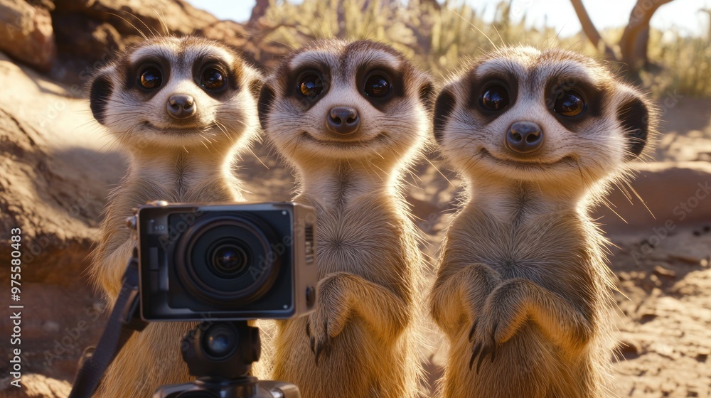 Three meerkats posing for a selfie with a camera Three meerkats posing for a selfie with a camera