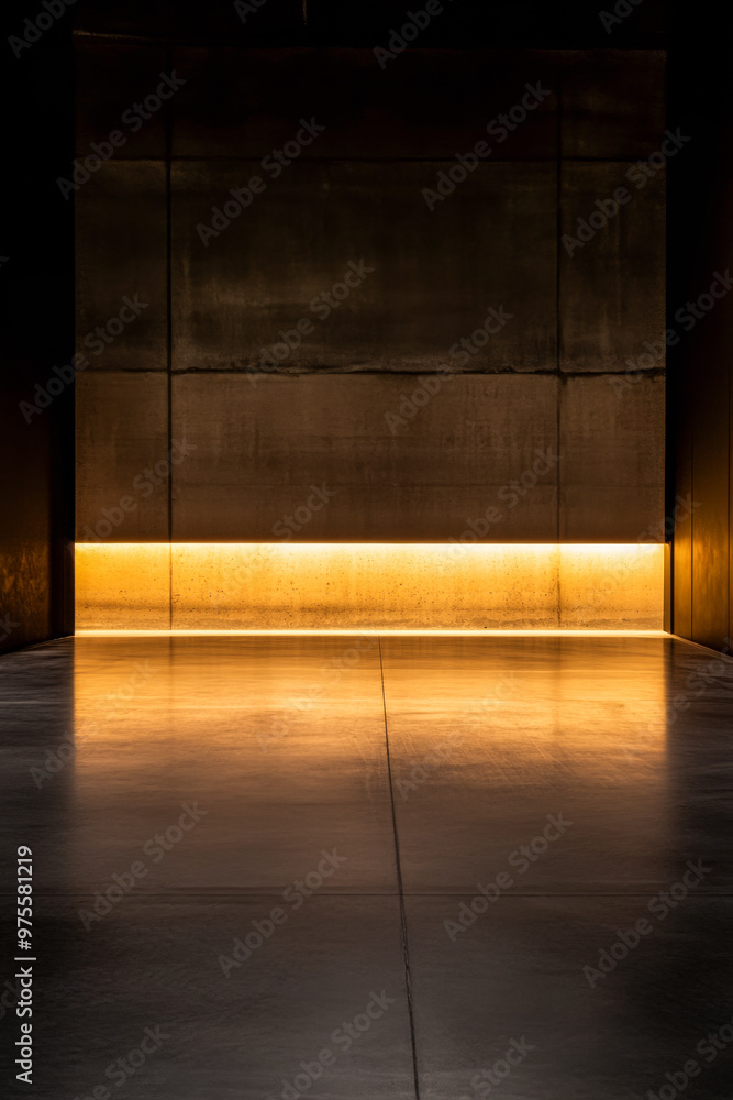 Empty warehouse with golden like lighting in dark colors. Commercial Real Estate interiors concept image Empty warehouse with golden like lighting in dark colors. Commercial Real Estate interiors concept image