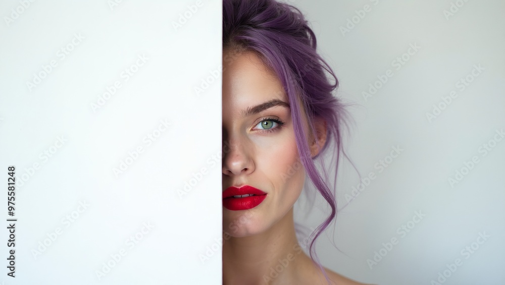 Ethereal half portrait of a woman with red lips purple hair and green eyes fading into white canvas Ethereal half portrait of a woman with red lips purple hair and green eyes fading into white canvas