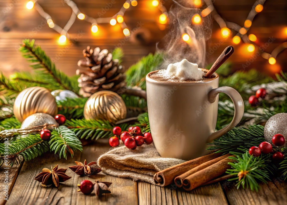 A Cozy Winter Scene Featuring A Steaming Mug Of Hot Cocoa And Festive Holiday Decorations, Creating A Warm A Cozy Winter Scene Featuring A Steaming Mug Of Hot Cocoa And Festive Holiday Decorations, Creating A Warm