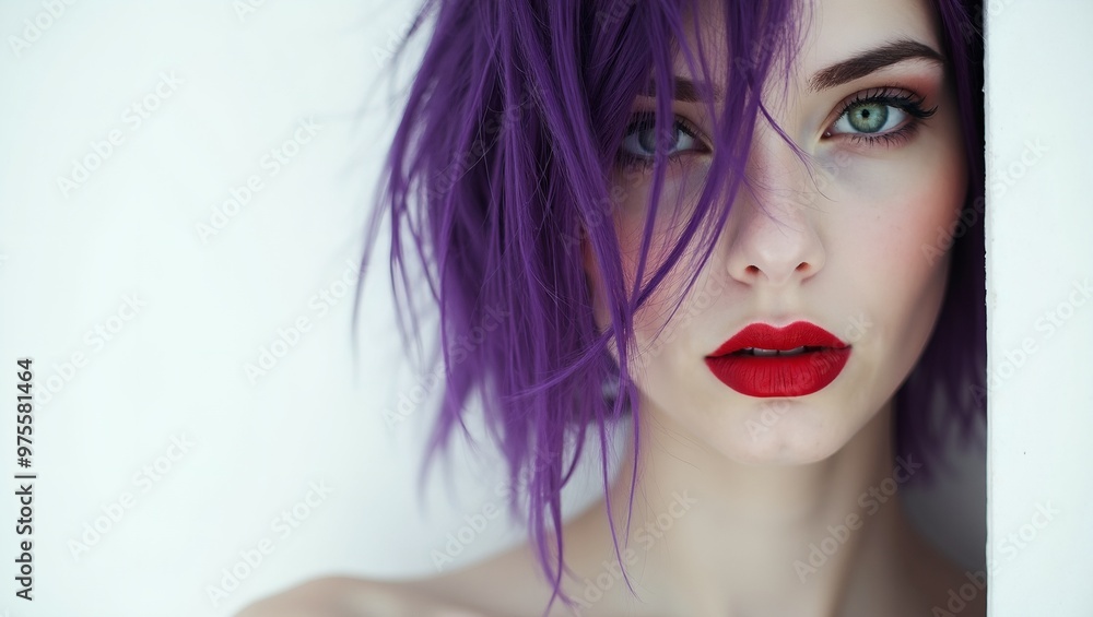 Fototapeta premium Ethereal portrait of mysterious woman with red lips purple hair and green eyes on white background