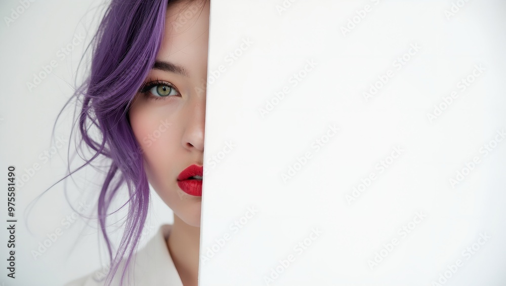 Ethereal portrait of a shy woman with purple hair and red lips on a white canvas Ethereal portrait of a shy woman with purple hair and red lips on a white canvas