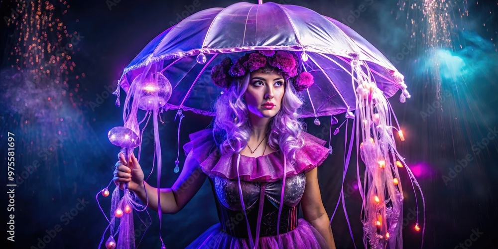 A creative adult wear a bright purple jellyfish-inspired Halloween costume with glowing tentacles and a mesmerizing umbrella-like headpiece against a dark eerie background. A creative adult wear a bright purple jellyfish-inspired Halloween costume with glowing tentacles and a mesmerizing umbrella-like headpiece against a dark eerie background.