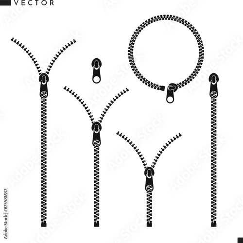 Zipper silhouette. Isolated zippers on white background. Black zip icon 