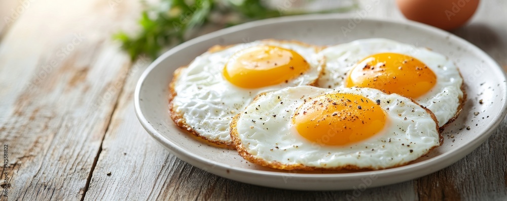 Plate of fried eggs with seasoning, rustic wooden background. Breakfast and homemade cooking concept Plate of fried eggs with seasoning, rustic wooden background. Breakfast and homemade cooking concept