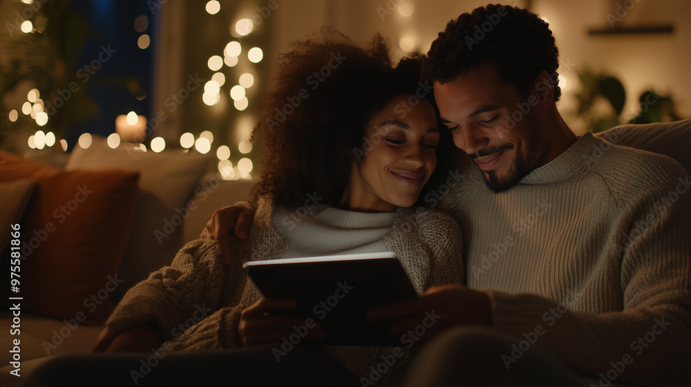 Smiling couple cuddling on a cozy couch using a tablet with festive lights in the background Smiling couple cuddling on a cozy couch using a tablet with festive lights in the background