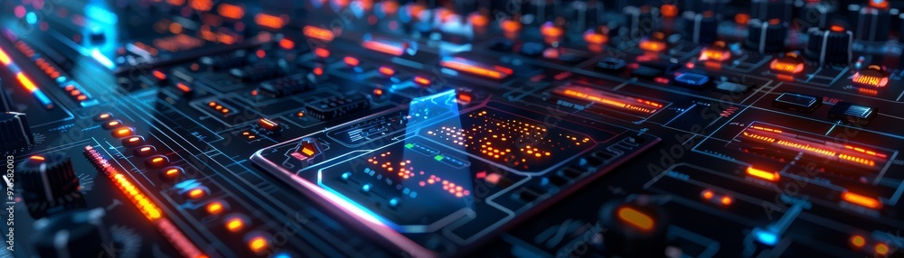 Abstract futuristic cyberpunk city circuit board glowing with blue and red lights. Abstract futuristic cyberpunk city circuit board glowing with blue and red lights.