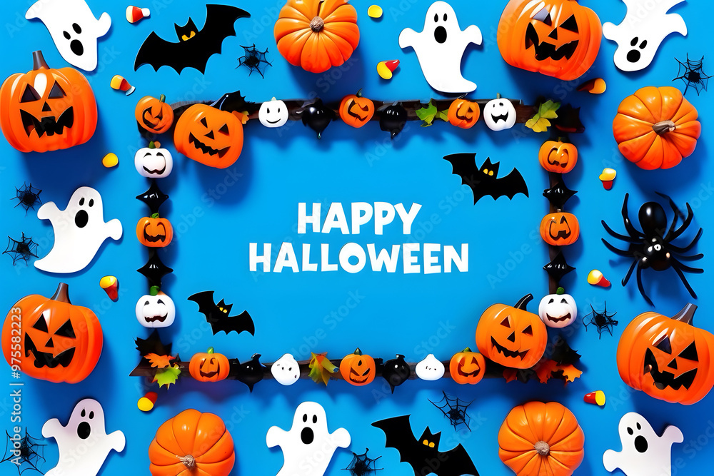 Halloween frame with party decorations of pumpkins, bats, ghosts, spiders on blue background from above. Happy halloween card in flat lay style. Halloween frame with party decorations of pumpkins, bats, ghosts, spiders on blue background from above. Happy halloween card in flat lay style.