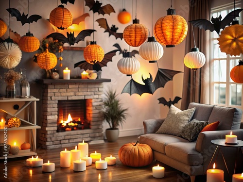 A creative and crafty individual showcases a variety of handmade Halloween decorations, including paper bats, pom-pom