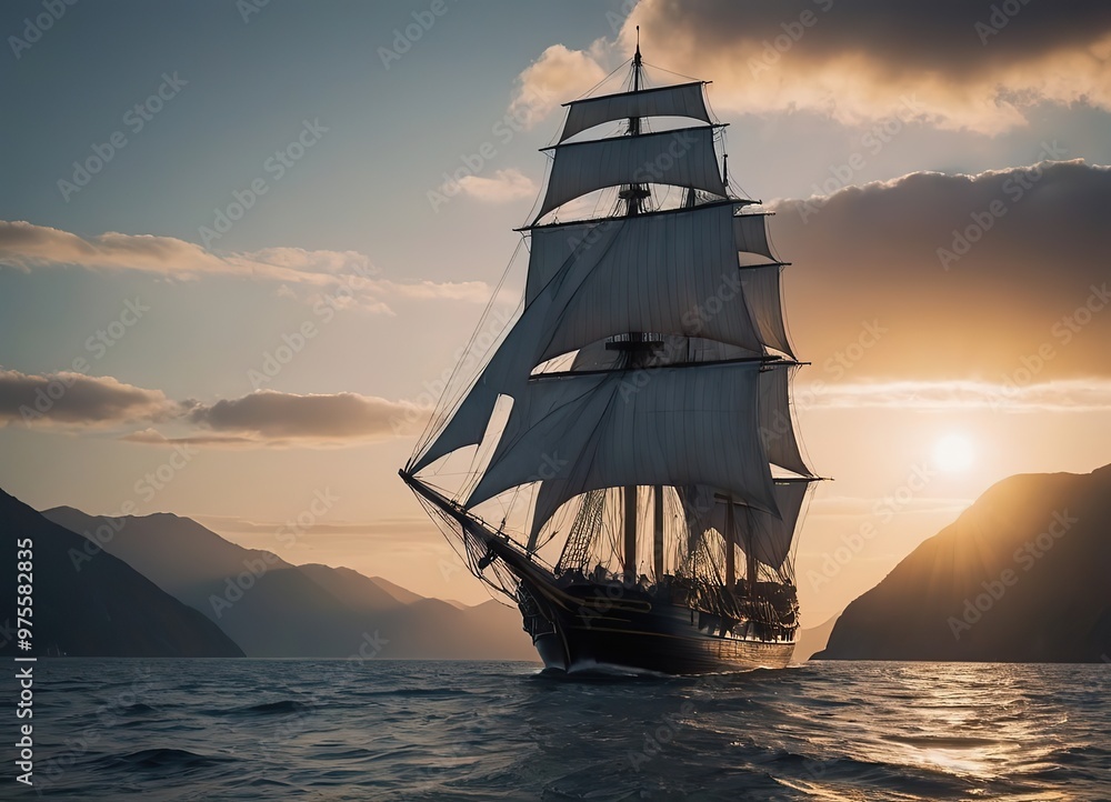 A beautiful sailboat is gently floating on the calm water during sunset A beautiful sailboat is gently floating on the calm water during sunset