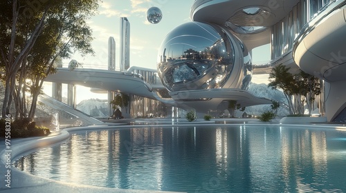 Hypermodern fantasy sphere-shaped building with swimming pool. photo